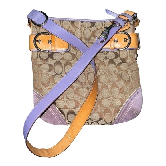 Coach Signature Khaki Canvas with Purple Suede Leather Trim Crossbody Bag - Picture 1 of 16